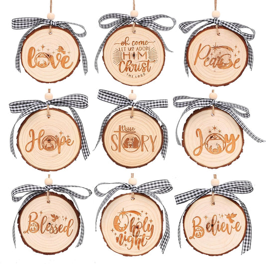 Nativity Christmas Ornaments - Set of 9 Buffalo Plaid Christmas Tree Ornaments Christian Wooden Ornament for Rustic Farmhouse Decorations Holiday Decor Religious Gift