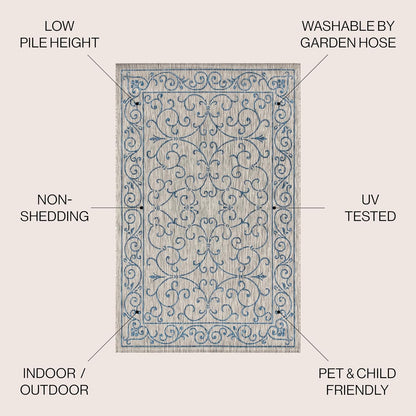 JONATHAN Y Vintage Filigree Indoor Outdoor Square Area Rug 9X9 Gray/Navy, Charleston Textured Weave for Backyard, Patio, Porch, Easy-Cleaning, High Traffic, Pet-Friendly, Non-Shedding (SMB106C-9SQ)