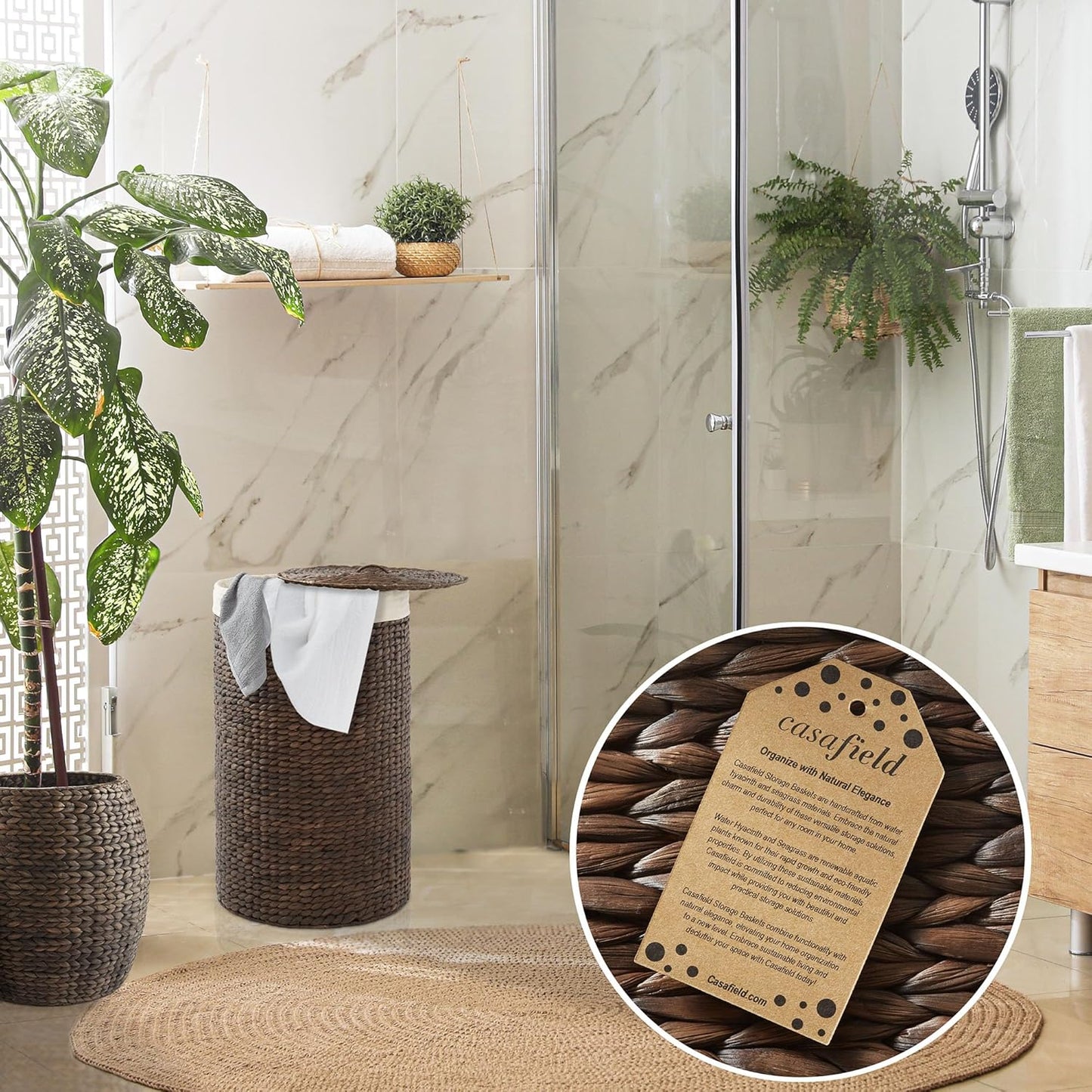 Casafield Round Laundry Hamper with Lid and Removable Liner Bag - Espresso, Woven Water Hyacinth Wicker Laundry Basket for Clothes and Towels