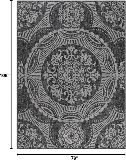 Medallion Outdoor Rug 6x9 Washable Outside Carpet for Indoor Patio Porch Waterproof Easy Cleaning Non Shedding Area Rugs Dark Gray 6 x 9