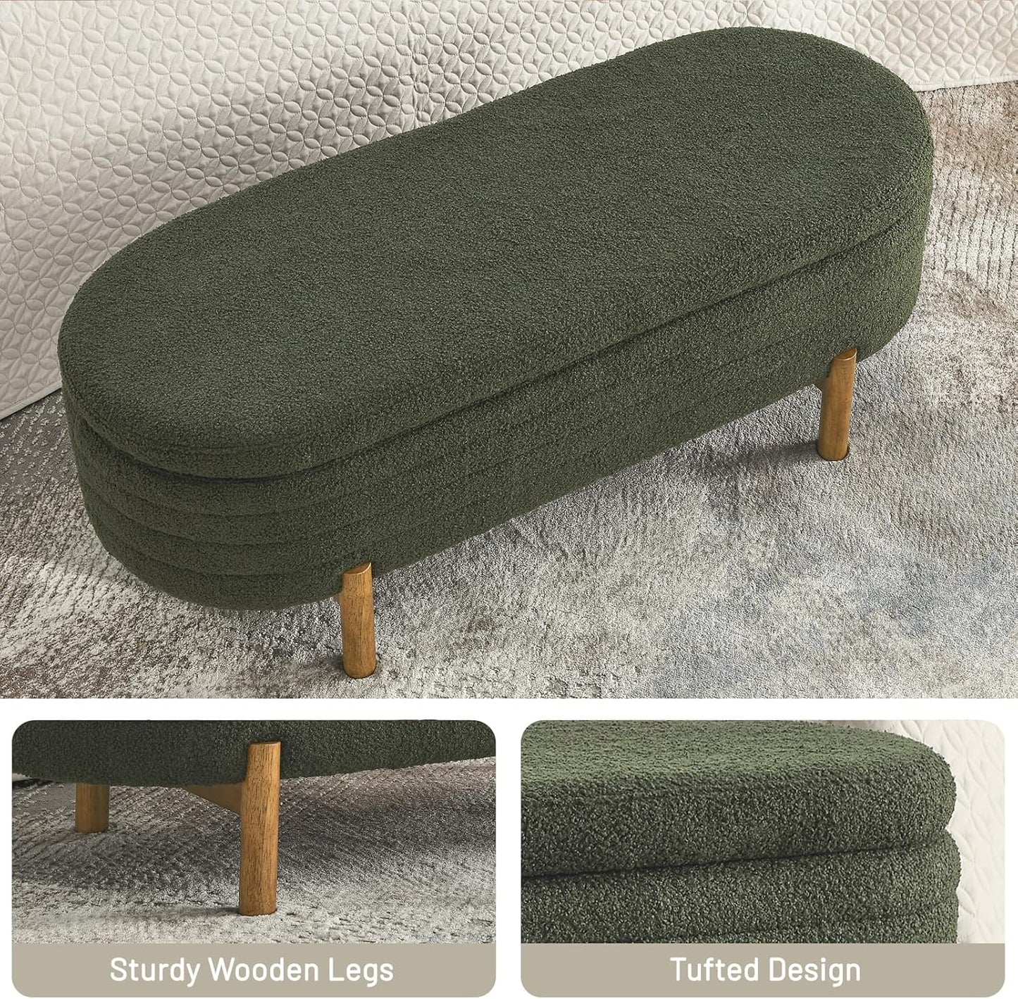 Furniliving 46” Storage Benches, End of Bed Bench with Button-Tufted Large Upholstered Storage Ottoman Teddy Window Bench with Storage Shoe Cabinet Bench, for Bedroom, Entryway, Closet, Green