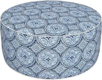 Inflatable Ottoman Stool D31 xH14 for Outdoor/Indoor Use, Water Repellent Patio Foot Rest Stool with Portable Handle,Round Pouf Ottoman Suitable for Garden,Deck and Camping - Medallion Blue