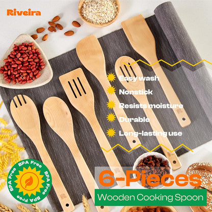 Riveira Maple Wooden Cooking Utensils Set of 6 Premium Non-Toxic Wooden Spoons & Spatula for Cooking