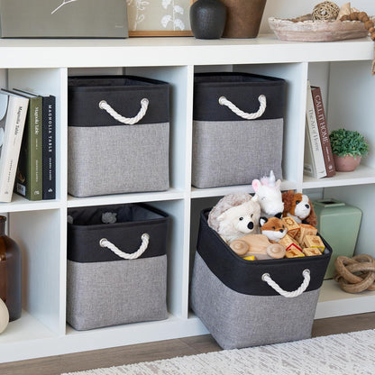 OrganiHaus 11x11 Cube Storage Bins 4 Pack, Foldable Cube Storage Organizer w/ Rope Handles, Collapsible Fabric Bins for Toys, Clothes & Closet Organization, Fabric Square Baskets - Gray/Black