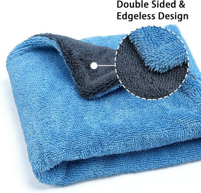 Greenfound Microfiber Towel for Cars, 1000GSM Car Drying Towel, Double Twist Pile & Edgeless Design, No Streaks, Scratches, or Water Spots, Soft and Absorbent, 18"×24", Blue&Grey