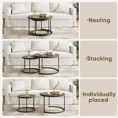 Smuxee Rustic Nesting Coffee Table Set of 2, 27.6" Round Coffee Table Wooden Marble Pattern with Adjustable Non-Slip Feet, Industrial End Table for Living Room Bedroom Balcony