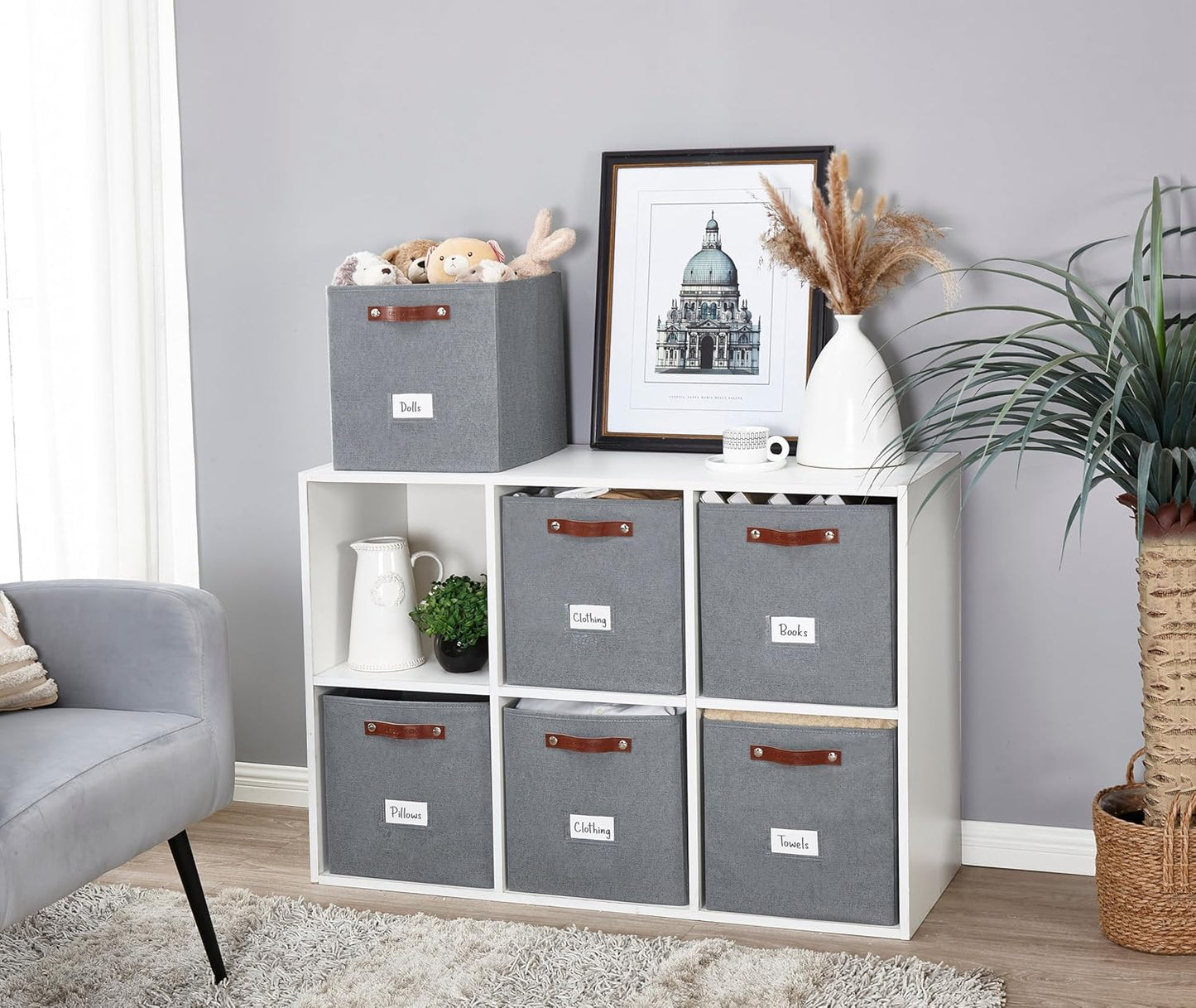 DECOMOMO Storage Cubes, 13x13x13 Storage Cube Bins with Labels, Fabric Organizer Bins (13" / 6pcs, Texture Grey)