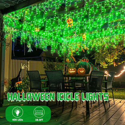 JMEXSUSS 400 LED 38.8F Green Icicle Lights for Halloween Decorations, Green Halloween Lights Indoor Outdoor, String Icicle Light for House Fireplace Party Yard Decoration
