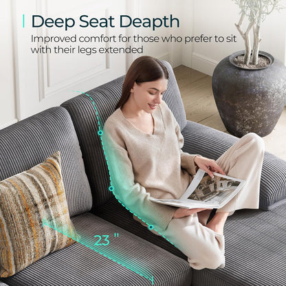 LINSY HOME Sectional Couch, 111'' W Corduroy U Shaped Sofa with Sleepable Armrests, 4 Seat Couch with Double Chaises, Deep Sofa for Living Room, Grey