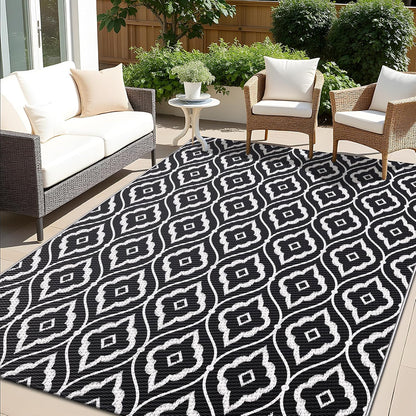 OLANLY Outdoor Rug 8x10 ft Waterproof, Outdoor Plastic Straw Rug with Geometric Pattern Clearance, Reversible RV Mat for Patio, Camping, Balcony, Deck, Backyard, Black & White