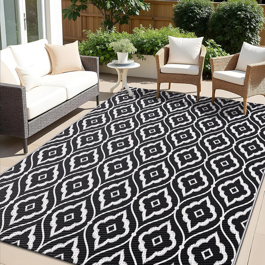 OLANLY Outdoor Rug 9x12 ft Waterproof, Outdoor Plastic Straw Rug with Geometric Pattern Clearance, Reversible RV Mat for Patio, Camping, Balcony, Deck, Backyard, Black & White