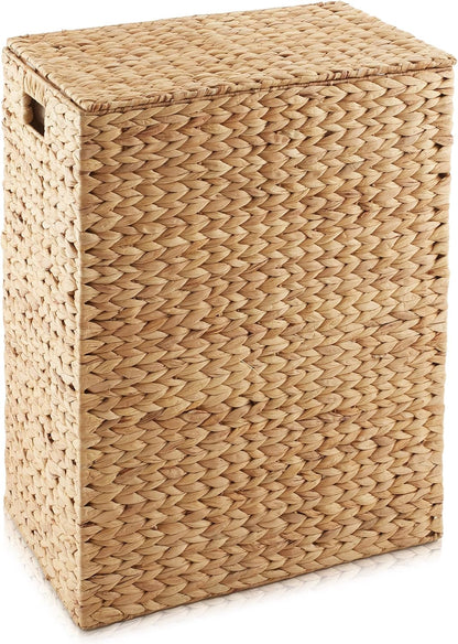 Casafield Large Laundry Hamper with Lid and Removable Liner Bag - Natural, Woven Water Hyacinth Rectangular Laundry Basket Sorter for Clothes and Towels