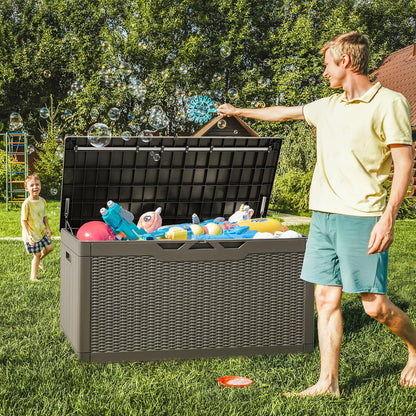 Greesum 100 Gallon Resin Deck Box Large Outdoor Storage with Cushions for Patio Furniture, Garden Tools, Pool Supplies, Weatherproof and UV Resistant, Lockable, Light Coffee
