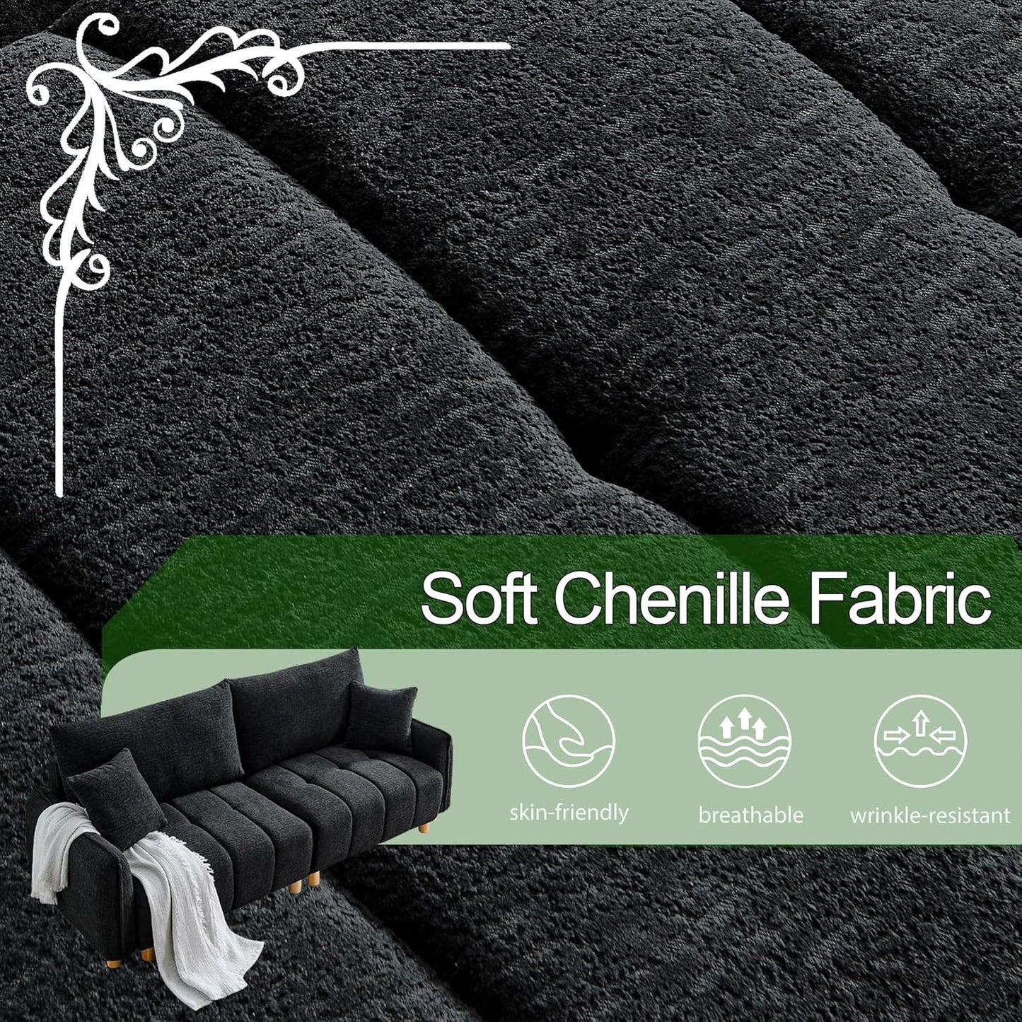 Convertible Sofa Bed, 90" Full Size Sleeper Sofa with Storage, Tufted Chenille 3 Seat Sofa Couches for Living Room, Small Spaces, Guest Room, Apartment, Black