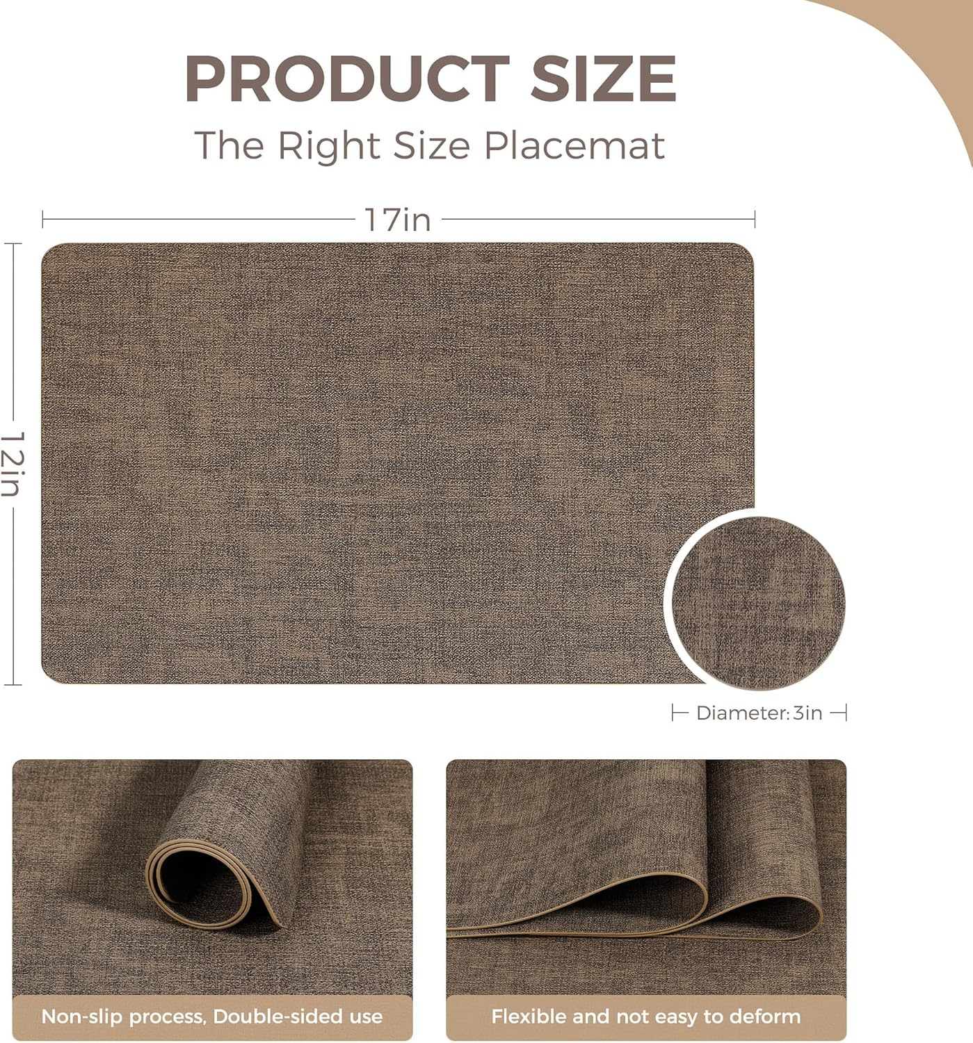 Vinyl Placemats Set of 4, Faux Leather Waterproof and Heat Resistant Place Mats, Washable Anti-Slip Table Mats with Coaster, Wipeable Placemats for Indoor & Outdoor 17" x 12" (Dark Coffee, Set of 4)