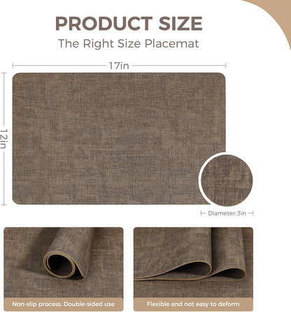 Vinyl Placemats Set of 6, Faux Leather Waterproof and Heat Resistant Place Mats, Washable Anti-Slip Table Mats with Coaster, Wipeable Placemats for Indoor & Outdoor 17" x 12" (Dark Coffee, Set of 6)