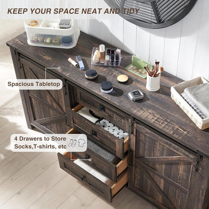 T4TREAM 60'' Farmhouse Dresser Chests for Bedroom w/4 Drawers & Sliding Barn Doors, Wide Dresser TV Stand, Tall Chest of Drawers, Rustic Dresser Organizer for Bedroom, Living Room, Dark Rustic Oak