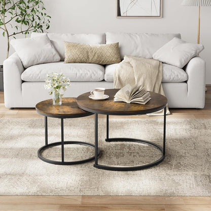 Smuxee Rustic Nesting Coffee Table Set of 2, 27.6" Round Coffee Table Wooden Marble Pattern with Adjustable Non-Slip Feet, Industrial End Table for Living Room Bedroom Balcony