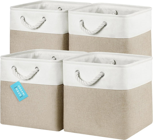 OrganiHaus 12x12 Cube Storage Bins 4 Pack, Foldable Cube Storage Organizer w/ Rope Handles, Collapsible Fabric Bins for Toys, Clothes & Closet Organization, Fabric Square Baskets - Beige/White