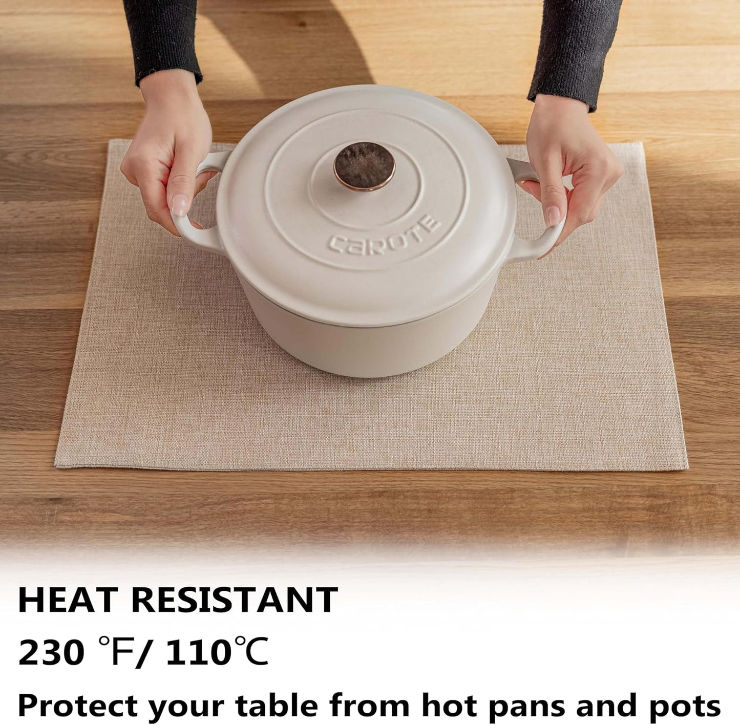 Demetex Placemats Set of 6 Heat Resistant Dining Table Mats Linen Cloth Placemats for Kitchen Indoor Outdoor Place Mats, Light Linen