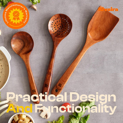 Riveira Set of 3 Dark Teak Spoons for Cooking - Wooden Kitchen Utensil Set - Non-Toxic Cooking Utensils - Wooden Spatula for Cooking - Teak Wood Utensils for Non-Stick Cookware