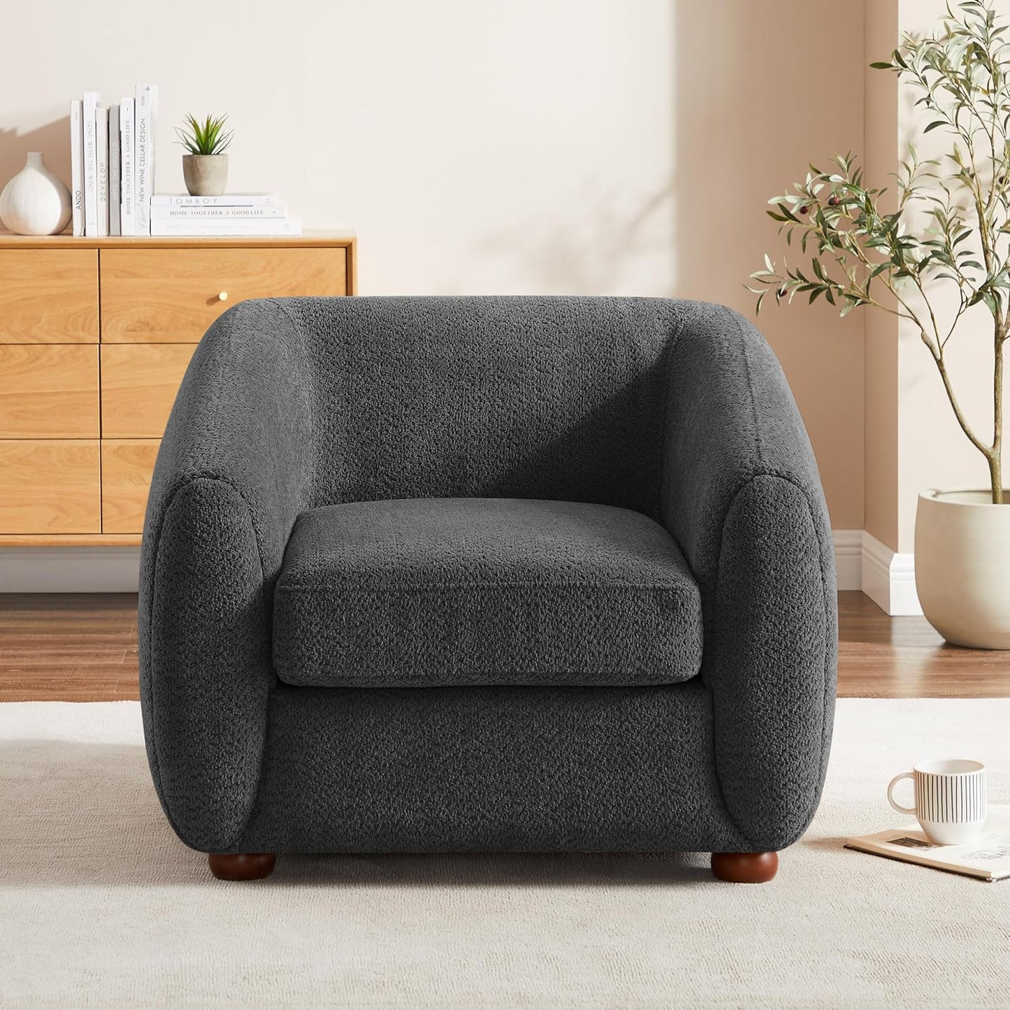 Modern Accent Chair for Living Room, Upholstered Armchair with Boucle Fabric, Single Sofa Chair with Solid Wood Legs, Boucle, Dark Grey