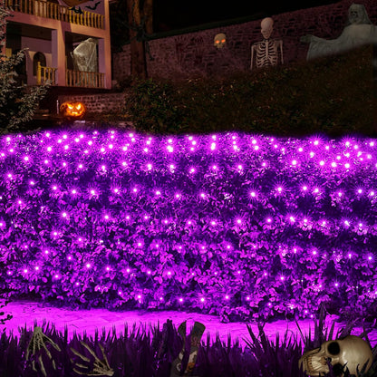 WBao Solar Halloween Lights Outdoor, 200LED 8.4ft x 5.2ft Halloween Net Lights with Remote, 8 Modes, Timer, IP65 Waterproof & Dark Green Wire for Lawn, Bushes, Trees Outdoor Decorations, Purple