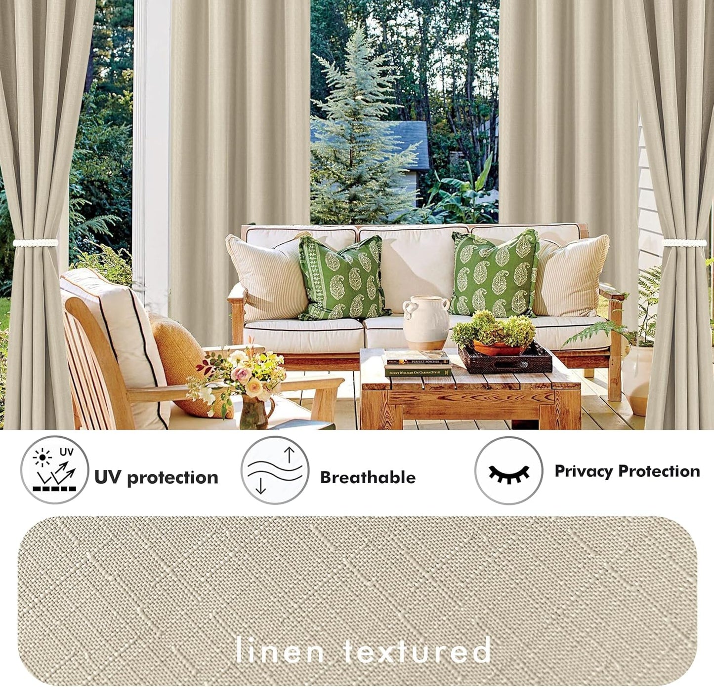 HolidayIdeas 4 Panels Linen Outdoor Curtains for Patio Waterproof Cream Outside Curtains 110"x95"-Indoor/Outdoor Gazebo Wide Curtains Weatherproof, Privacy for Pergola, Porch, Cabana, Livingroom