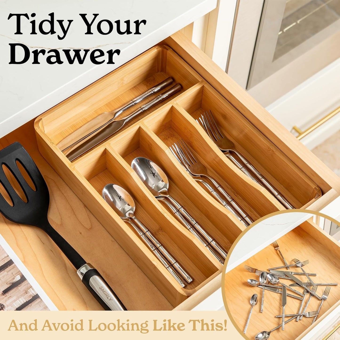 SMIRLY Silverware Drawer Organizer – Bamboo Kitchen Drawer Organizer, Adjustable Utensil Holder and Cutlery Tray, Drawer Dividers for Flatware and Kitchen Utensils