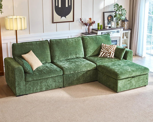 Oversized Modular Sofa Comfy Cloud Couch with Storage, Extra Deep Plush Sectional Sofa Set for Living Room, Covers Washable, Chenille, Olar (Green, 4-Seater with Ottoman, l-Shaped)