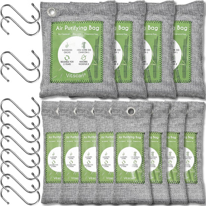 12 Pack Bamboo Charcoal Air Purifying Bag, Activated Charcoal Bags Odor Absorber, Moisture Absorber, Natural Car Air Freshener, Shoe Deodorizer, Odor Eliminators For Home, Pet, Closet (8x50g, 4x200g)