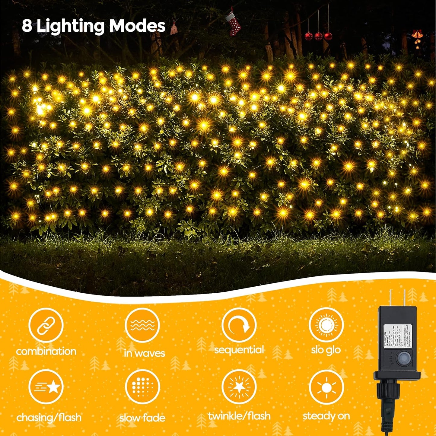 WBao Outdoor Christmas Lights 200LED F8 Big Bulbs, 8.4ft x 5.2ft Christmas Net Lights with 8 Modes, Timer, End to End Connectable, Waterproof for Lawn, Bushes Outdoor Christmas Decorations, Warm White
