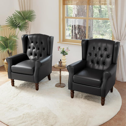 High Back Accent Chairs Set of 2,Upholstered Faux Leather Wingback Armchairs with Solid Wood Legs for Small Spaces,Comfy Single Sofa Chairs for Living Room,Bedroom-Carbon Black