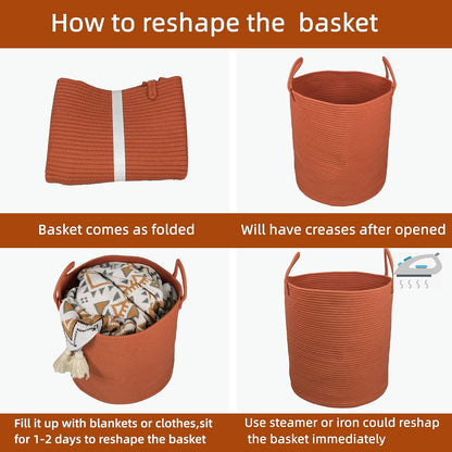 Cotton Rope Laundry Basket Hamper for Clothes Woven Storage Basket for Living Room Bedroom Boho Tall Rope Baskets for Blanket Toys Pillow Towels Baby Nursery Hamper Bin Large rust red