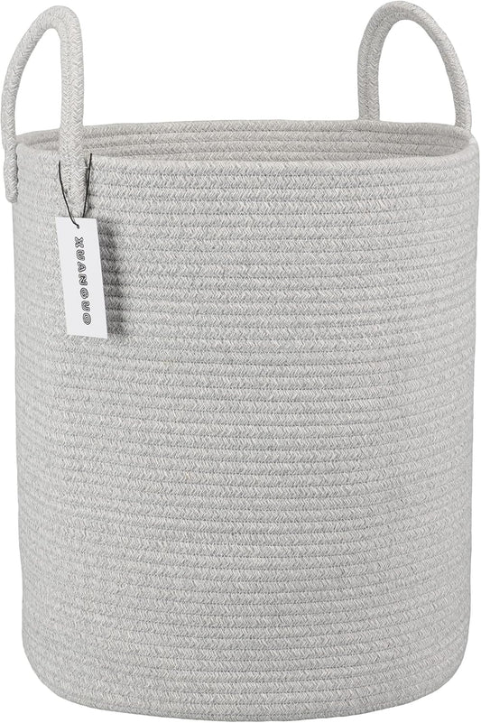 Cotton Rope Laundry Basket Hamper for Clothes Woven Storage Basket for Living Room Bedroom Boho Tall Rope Baskets for Blanket Toys Pillow Towels Baby Nursery Hamper Bin Large light grey