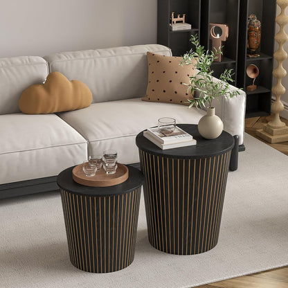 Nesting Coffee Table Set of 2, Round End Table with Storage, Farmhouse Side Table with Removable Wood Tops and Wood Basket Bases for Blanket Storage, Modern Coffee Table for Living Room (Black)