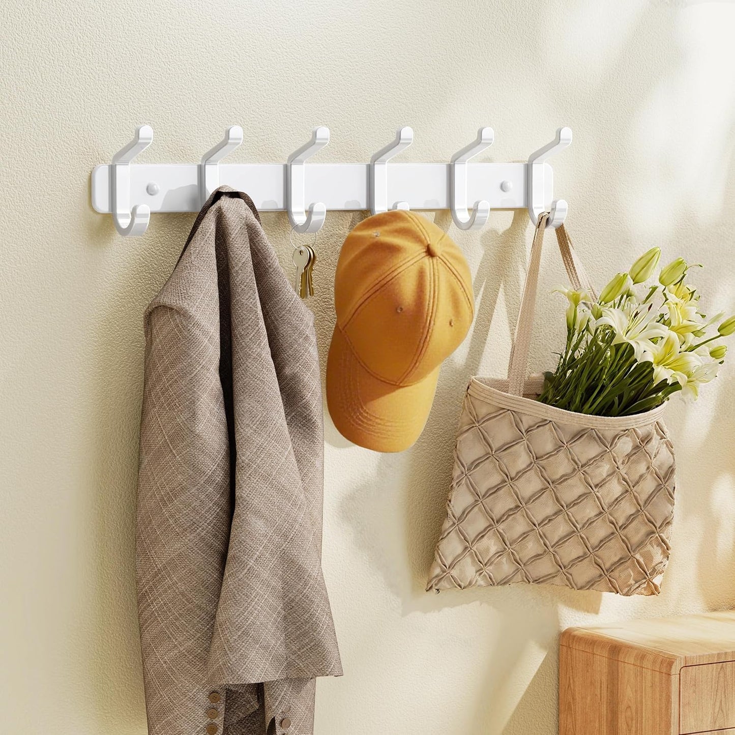 Coat Rack Wall Mounted Heavy-Duty: Metal Coat Hanger 6 Hooks for Hanging Hat, Clothes, Robe, Keys, Backpack, Bathroom Towels, Jacket, Purse - Closet, Door, Entryway, Mudroom (White, 1 Pack)