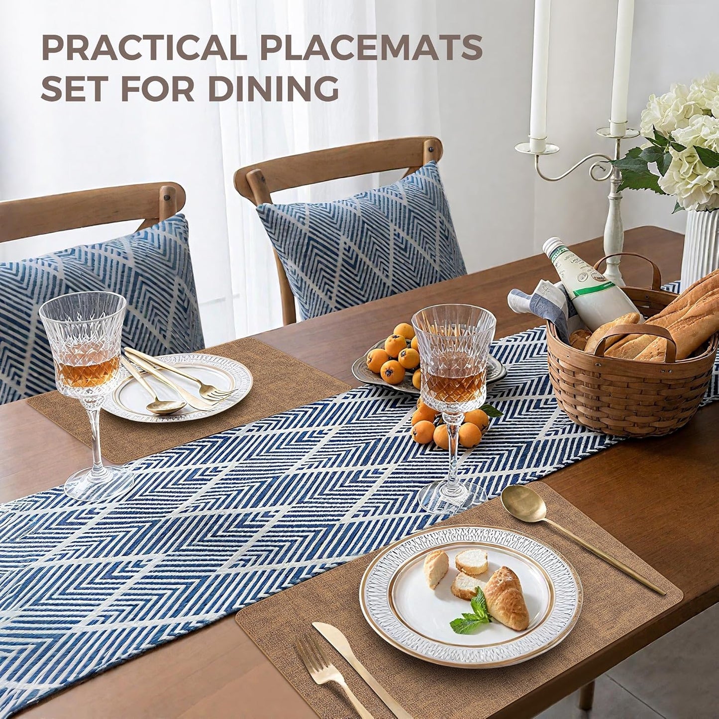 Vinyl Placemats Set of 4, Faux Leather Waterproof and Heat Resistant Place Mats, Washable Anti-Slip Table Mats with Coaster, Wipeable Placemats for Indoor & Outdoor 17" x 12" (Light Brown, Set of 4)