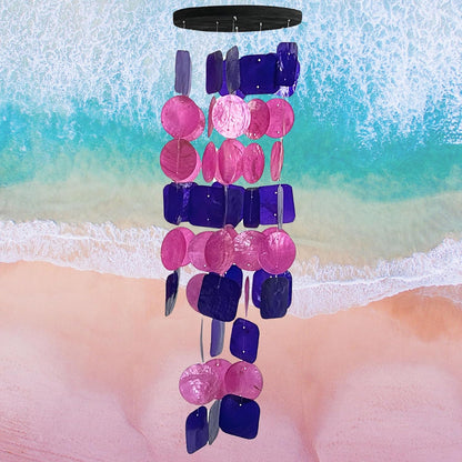 Bellaa 24841 Wind Chimes Outdoor, Garden Decorations, Musical, Indoor/Outside Windchimes, Beach, Ocean Breeze, Gifts for Mom, Gift for All Occasions, Capiz Sea Glass Shells Wood Pink Purple