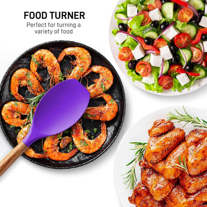 Zulay Kitchen Non-Stick Cooking Utensils Set with Authentic Acacia Wood Handles – 5-Piece Durable & Stylish Silicone Kitchen Utensils Set – Heat Resistant to 464°F – Purple