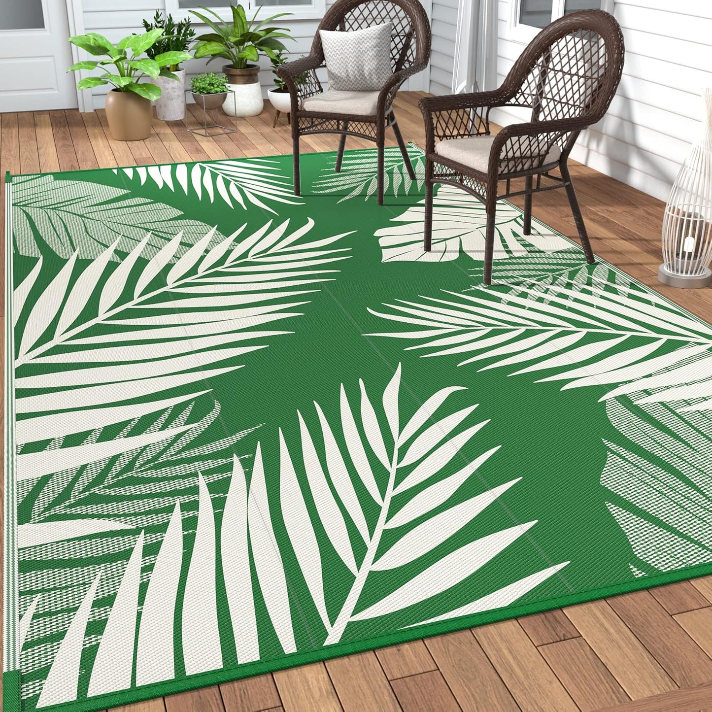 GENIMO Outdoor Rug 5' x 8' Waterproof for Patios Clearance, Reversible Plastic Straw Camping Rug Carpet, Large Area Rugs Mats for RV, Picnic, Backyard, Deck, Balcony, Porch, Dark Green&White