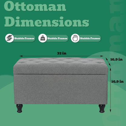 Ottoman with Storage 32'' Ottoman Storage Bench Fabric Ottomans Footstools Upholstered Foot Rest Stool for Couch, Living Room, Bedroom, Entrance Shoe Bench Gray