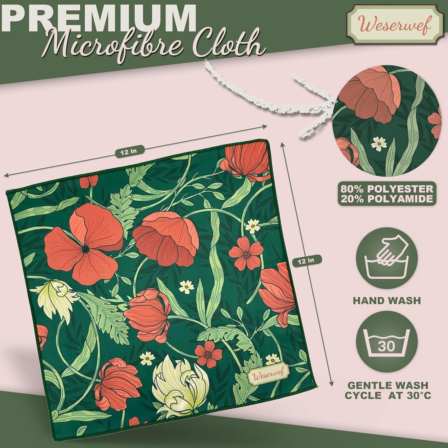 WESERWEF Design Microfiber Glasses Cleaning Cloth – Premium Cleaning Cloth for Eyeglasses, Screens, Tablets, Cameras & Lenses, 12" x 12", Ultra-Soft & Scratch-Free (Garden)