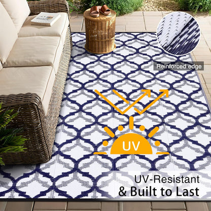 OLANLY Reversible Outdoor Rug 9x12 ft Clearance, Waterproof Outdoor Plastic Straw Rug with Interlacing Pattern, RV Mat for Patio, Camping, Balcony, Deck, Backyard, Navy & White