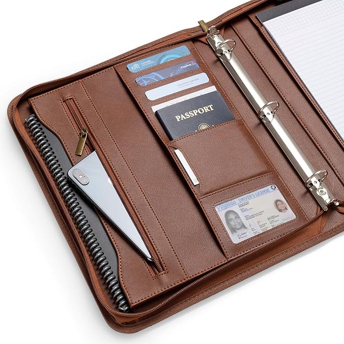 Forevermore Portfolios Portfolio Organizer - 3 Ring Binder with Notepad - 1.5 Inch Rings - Zippered Storage Pockets for Papers, Travel Documents, Presentation Folder, Cards, Passport, Tickets - Brown