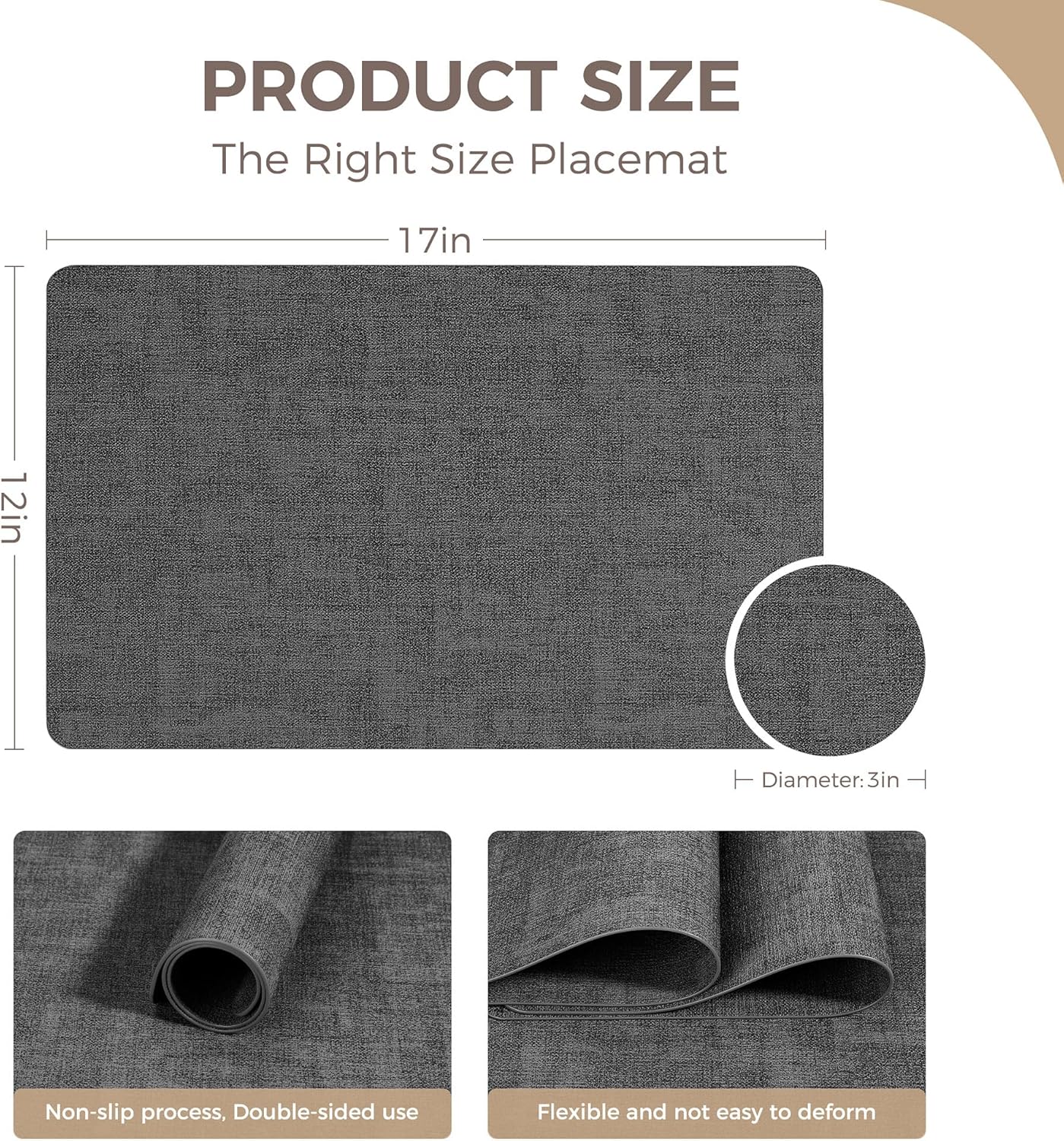 Vinyl Placemats Set of 6, Faux Leather Waterproof and Heat Resistant Place Mats, Washable Anti-Slip Table Mats with Coaster, Wipeable Placemats for Indoor & Outdoor 17" x 12" (Black, Set of 6)