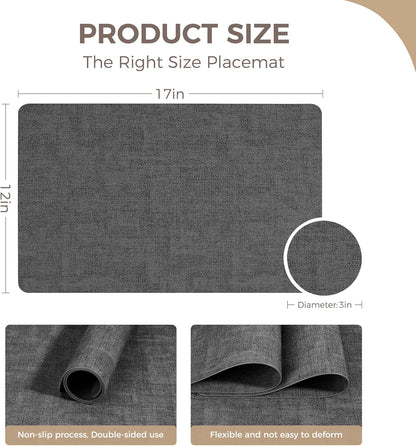 Vinyl Placemats Set of 4, Faux Leather Waterproof and Heat Resistant Place Mats, Washable Anti-Slip Table Mats with Coaster, Wipeable Placemats for Indoor & Outdoor 17" x 12" (Black, Set of 4)