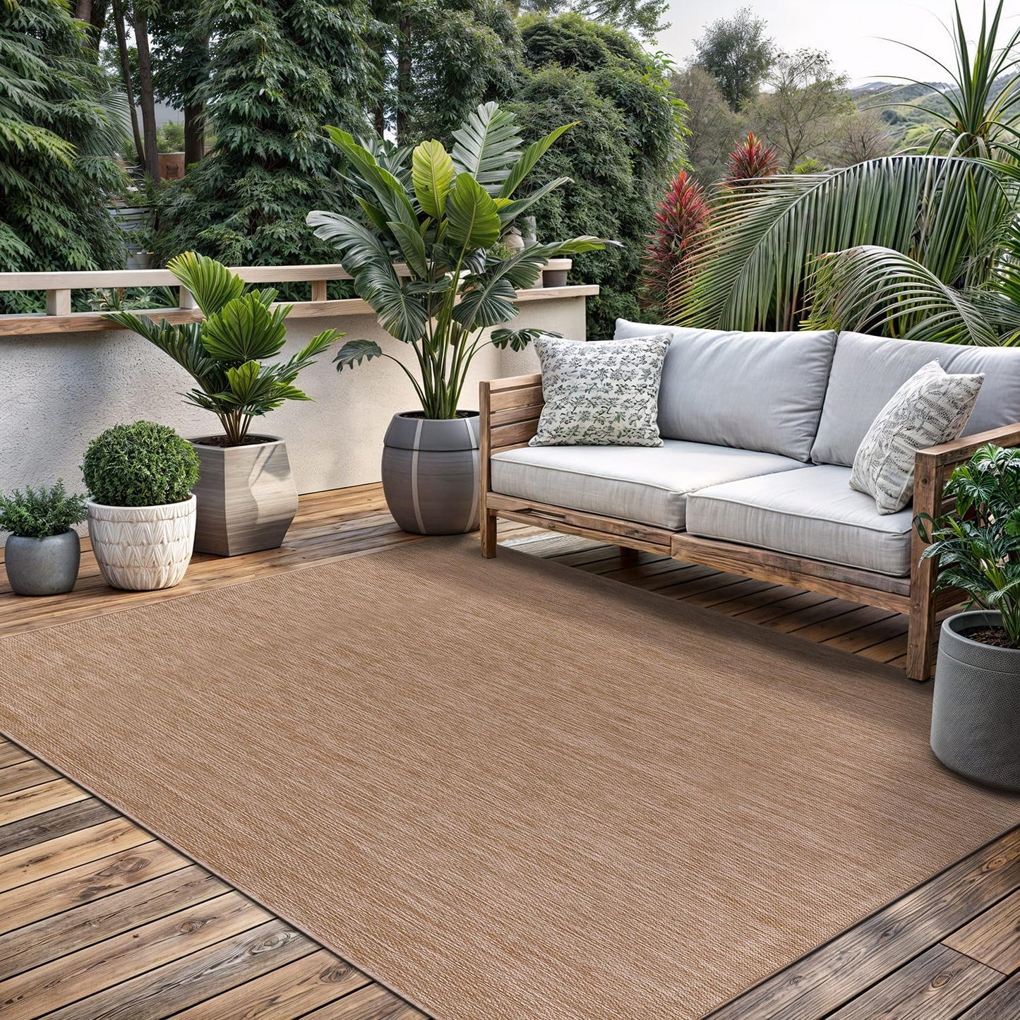 Washable Indoor Outdoor Rug 8x10 Weather Resistant Area Rugs Modern Solid Jute Rug for Porch Deck Balcony Backyard Patio Outside Carpet (8 X 10 Jute Beige)