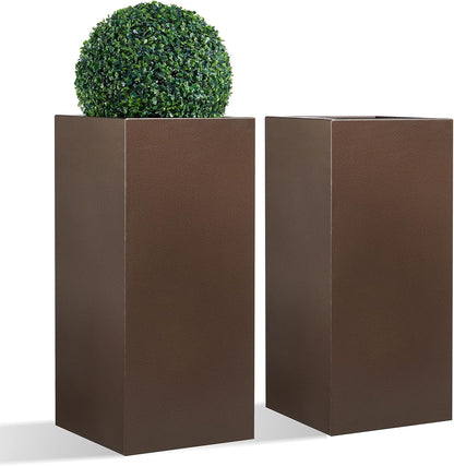 Large Planter for Outdoor Plant 14Lx14Wx30H Inches Metallic Heavy Tall Planter Box for Outdoor & Indoor, Rectangular Flowerpot 25Lbs/PC, Espresso, No Assembly and Seamless, Set of 2