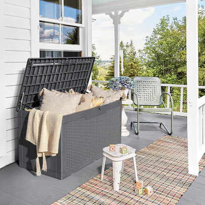 Devoko 97 Gallon Deck Box, Waterproof Resin Outdoor Storage Box for Outside and Patio, Large Outdoor Storage Bench Cabinet Lockable for Patio Furniture, Garden Tools and Pool Supplies (Gray)